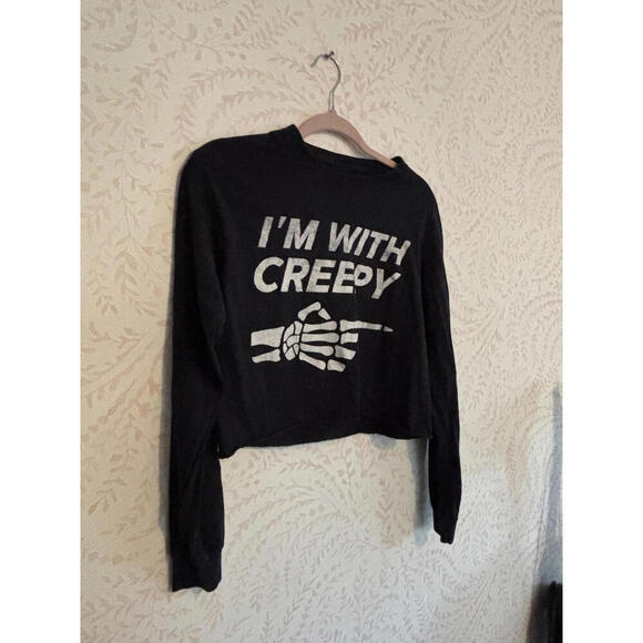 Black Long Sleeve Crop Top with 'I'm With Creepy' Graphic - Picture 3 of 5